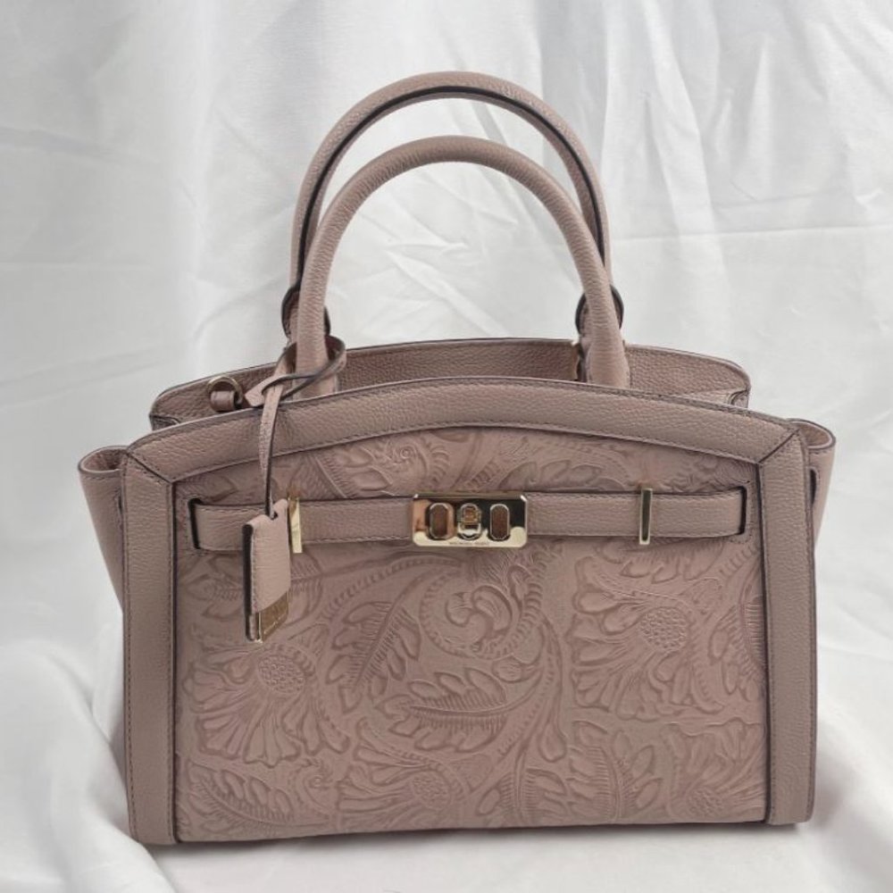 Michael kors beige satchel handbag with crossbody strap